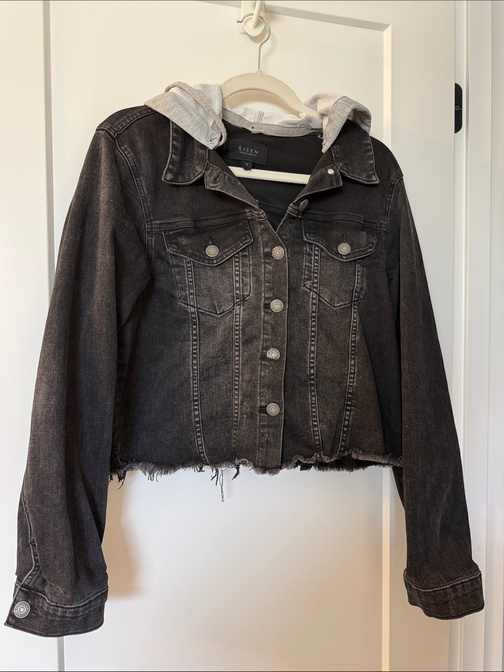 Risen Black Washed Denim Jacket with detachable Gray Hood